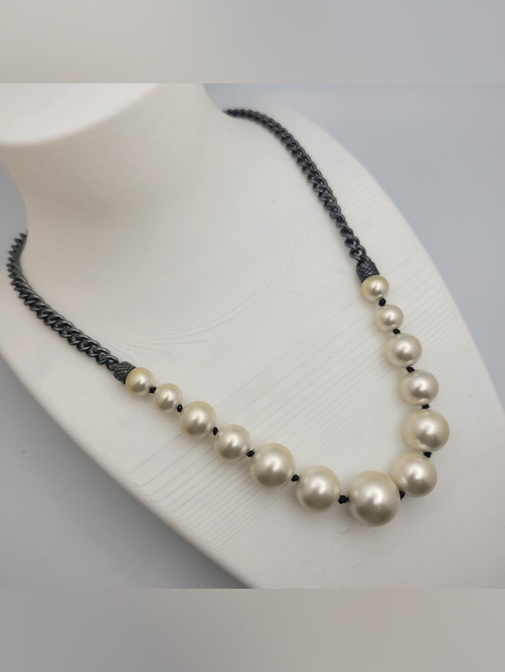 Givenchy Graduated Cream Faux Pearl Necklace with Dark Gunmetal Curb Chain